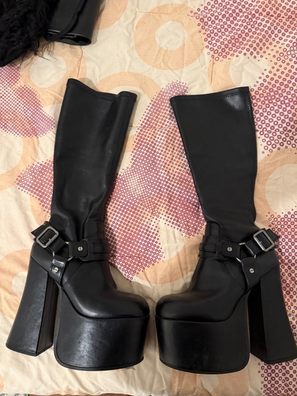 Dolls Kill Black High Platform Knee Boots with Buckle Harness